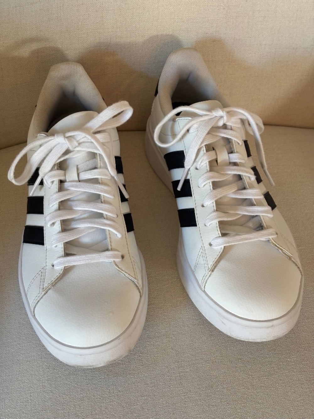 Adidas, all leather sneakers, black stripes